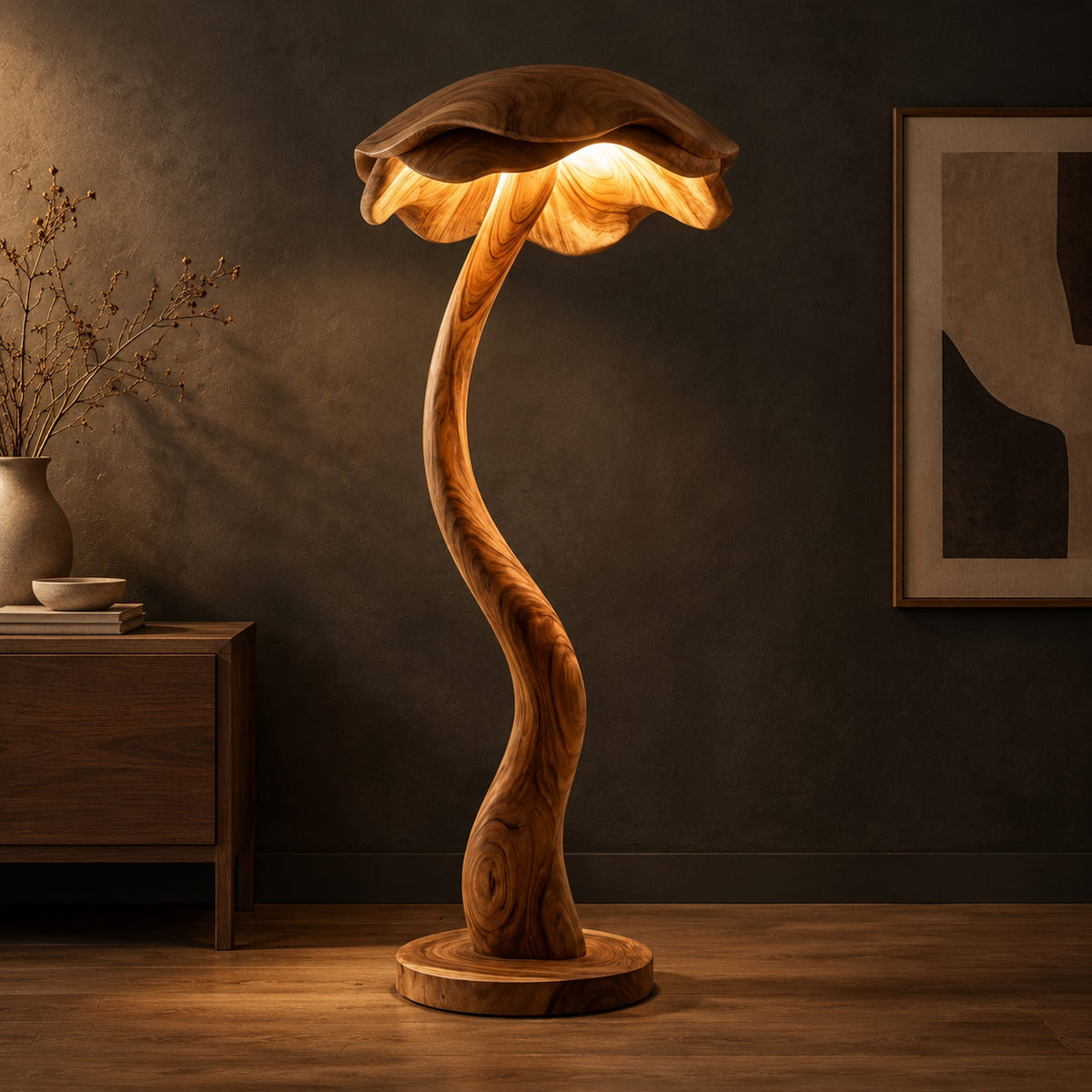 Floor lamp with a winding wooden stem and a wavy mushroom cap shade in a dark studio against a charcoal plaster wall