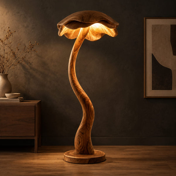Mushroom Cap Floor Lamp With Winding Stem And Wide Disc Base