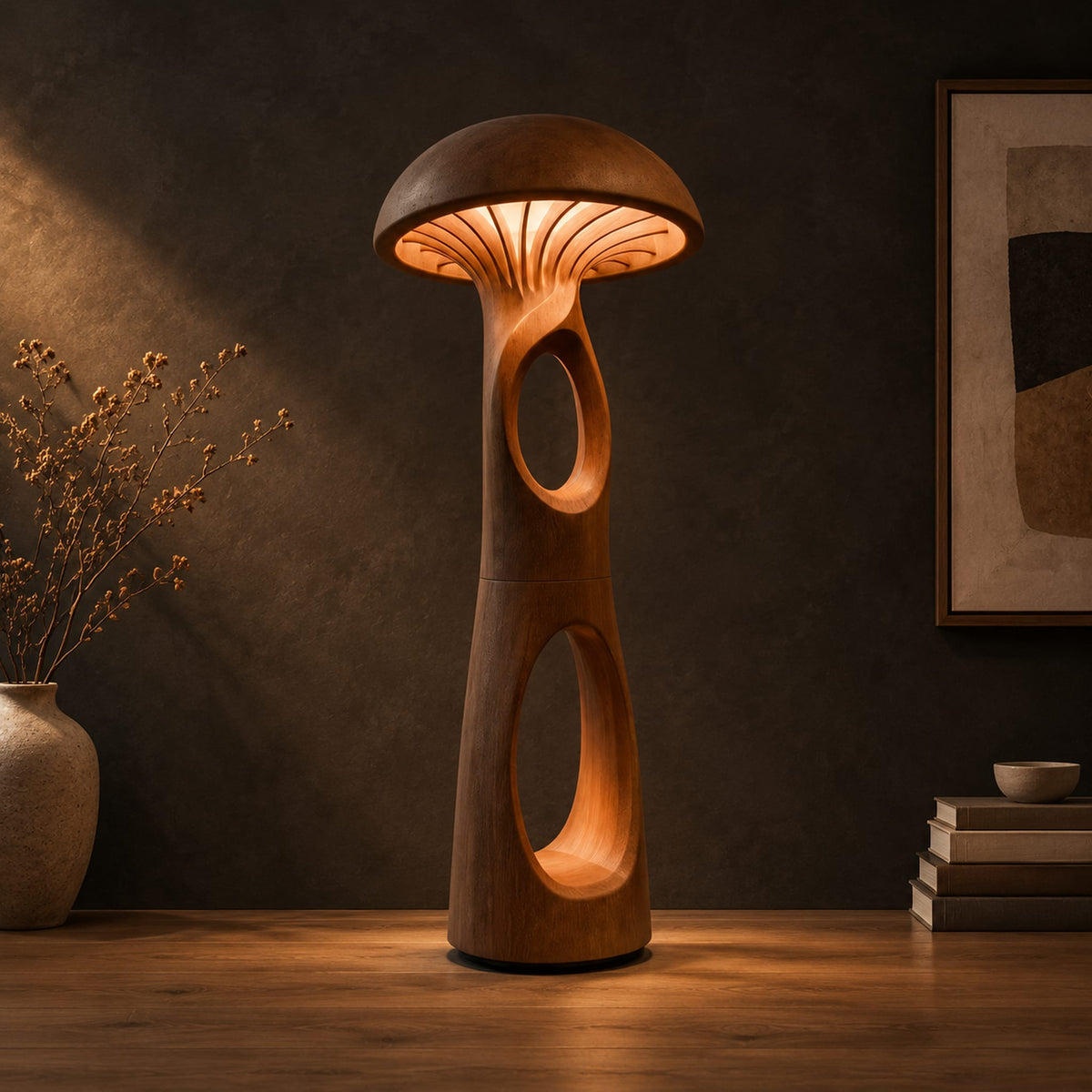 Mushroom floor lamp with a domed cap and tall carved stem in a dark studio against a charcoal plaster wall