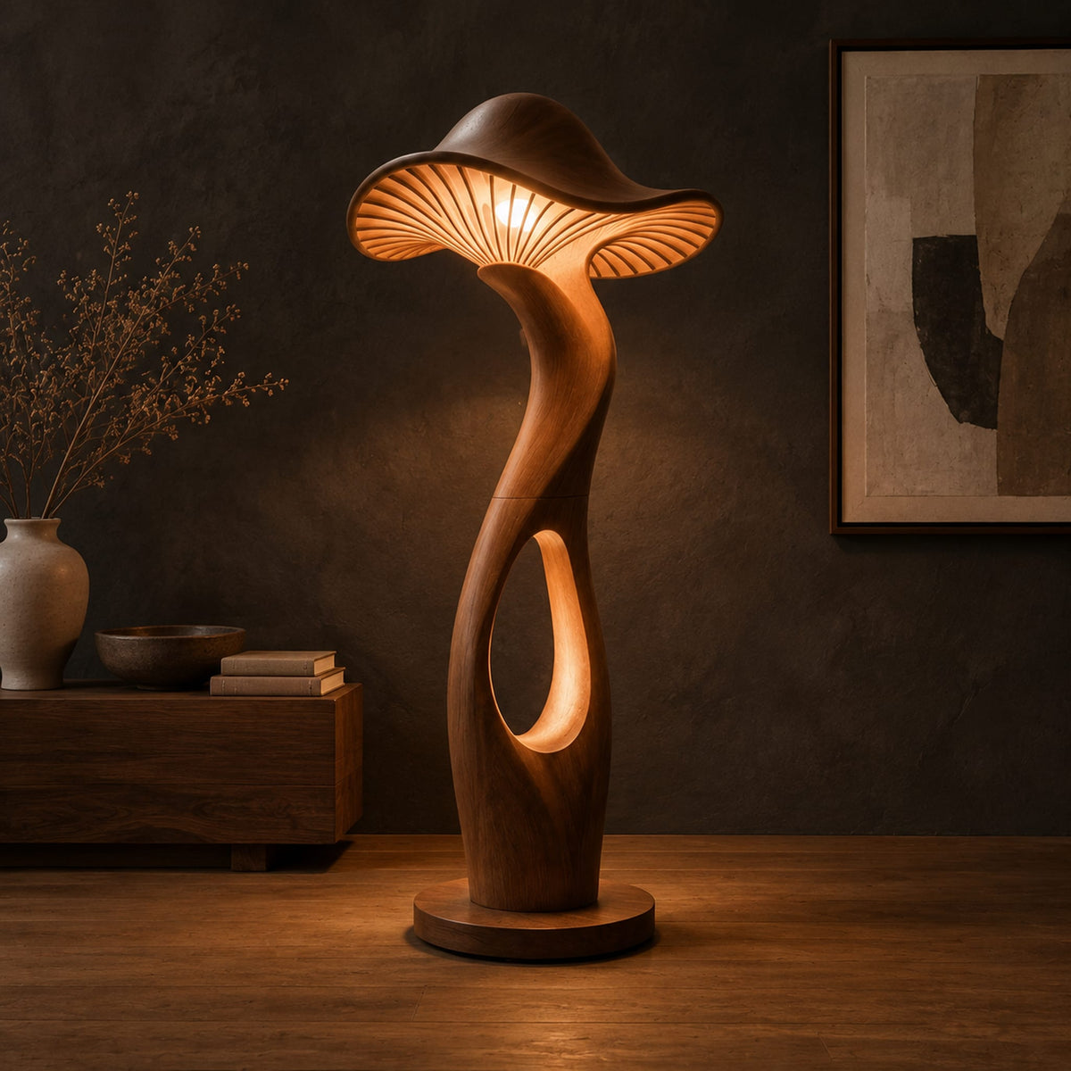 Mushroom shaped floor lamp with a ribbed cap and a glowing oval cutout in a dark studio against a charcoal plaster wall