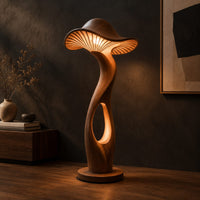 Mushroom shaped floor lamp with a ribbed cap and a glowing oval cutout, three-quarter view showing the grain