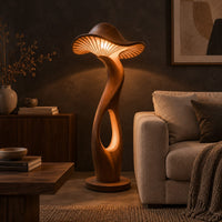Mushroom shaped floor lamp with a ribbed cap and a glowing oval cutout in a dark living room at golden hour