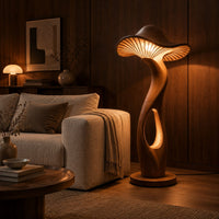 Mushroom shaped floor lamp with a ribbed cap and a glowing oval cutout in an evening living room with walnut wall paneling