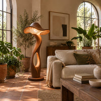 Mushroom shaped floor lamp with a ribbed cap and a glowing oval cutout in a bright living room with arched windows and plants