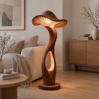 Mushroom shaped floor lamp with a ribbed cap and a glowing oval cutout in a Scandinavian living room with white walls
