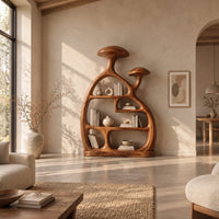 Bookshelf with two mushroom cap tops and a flowing pear shaped frame in a bright open plan living room