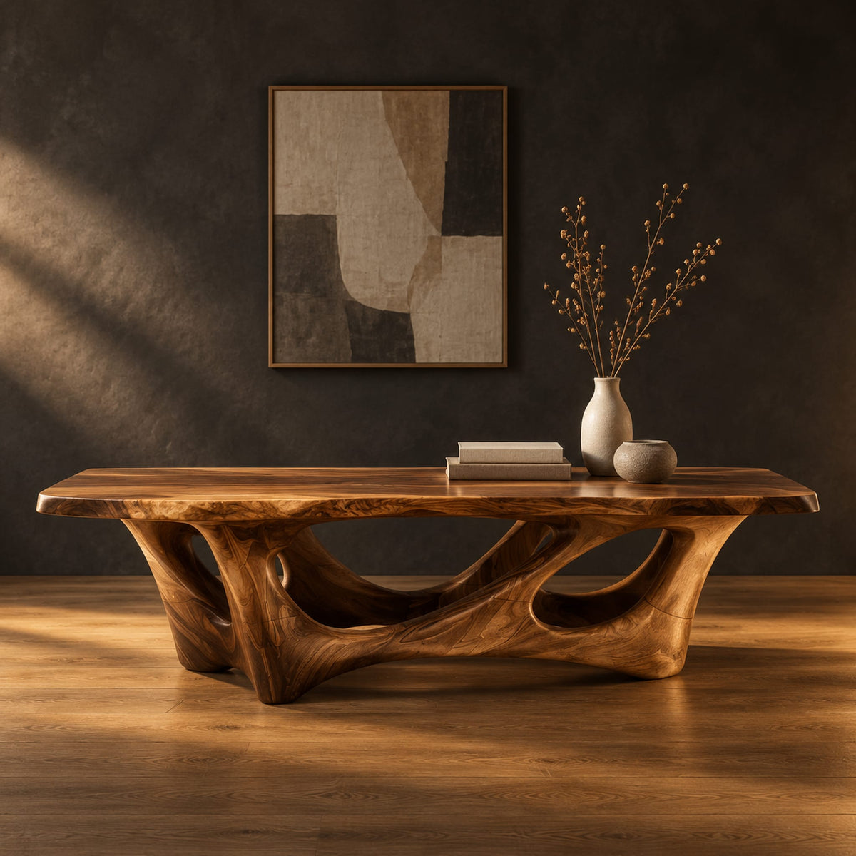 Natural edge coffee table with an open branching wood base in a dark studio against a charcoal plaster wall