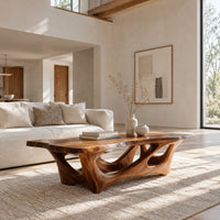 Natural edge coffee table with an open branching wood base in a bright open plan living room