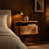 Floating nightstand with a carved wave front and an open nook under the top in an evening bedroom with walnut wall paneling