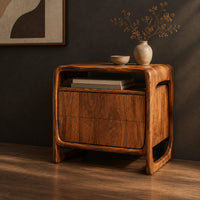 Nightstand with an open top cubby and a looped side frame, three-quarter view showing the grain