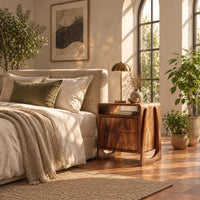 Nightstand with an open top niche and sculpted loop shaped sides in a bright bedroom with arched windows and plants