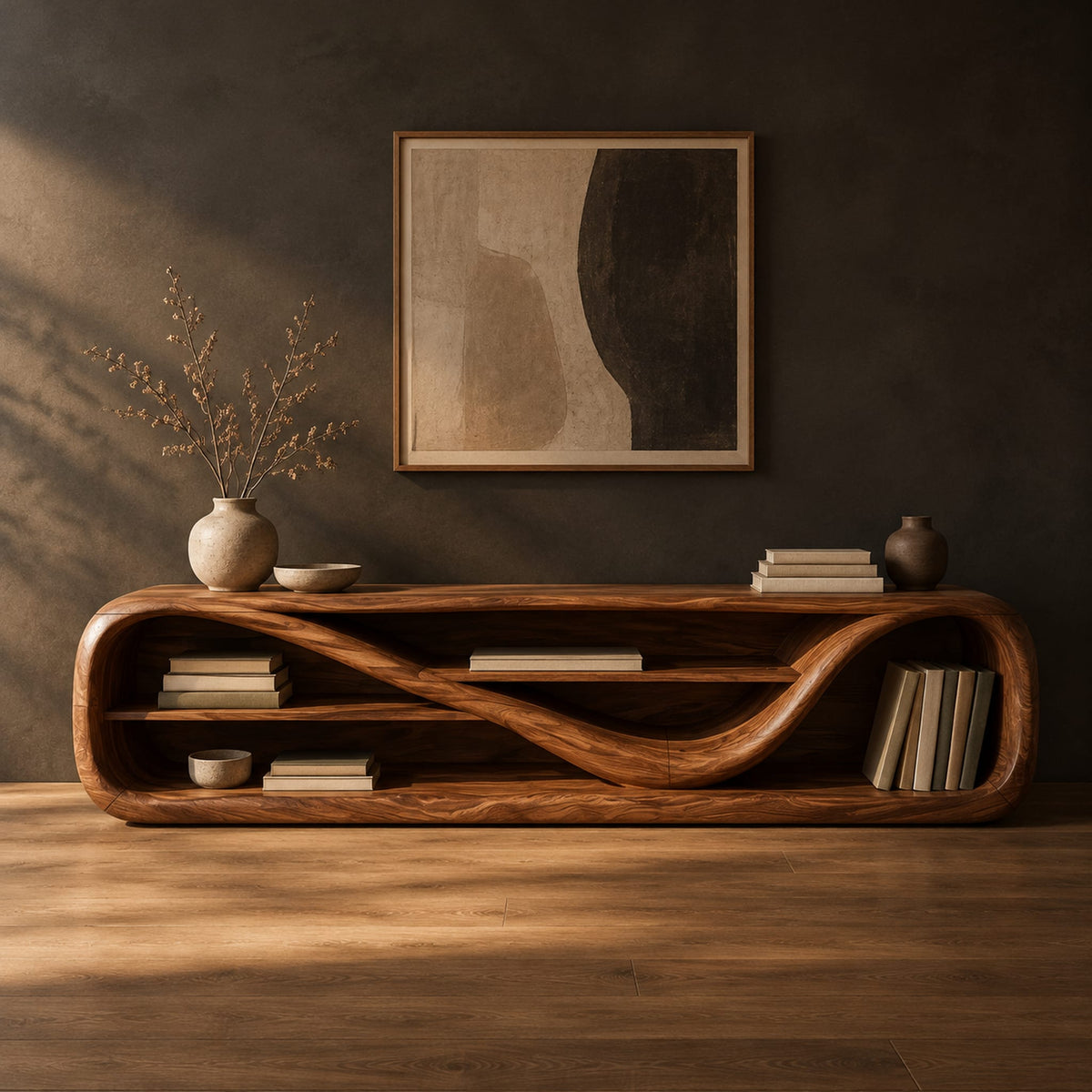 Low open capsule shaped media console with a winding shelf running through it in a dark studio against a charcoal plaster wall