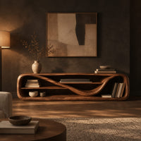 Low open capsule shaped media console with a winding shelf running through it in a dark living room at golden hour