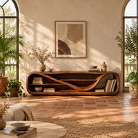 Low open capsule shaped media console with a winding shelf running through it in a bright living room with arched windows and plants