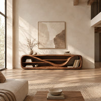 Low open capsule shaped media console with a winding shelf running through it in a bright open plan living room