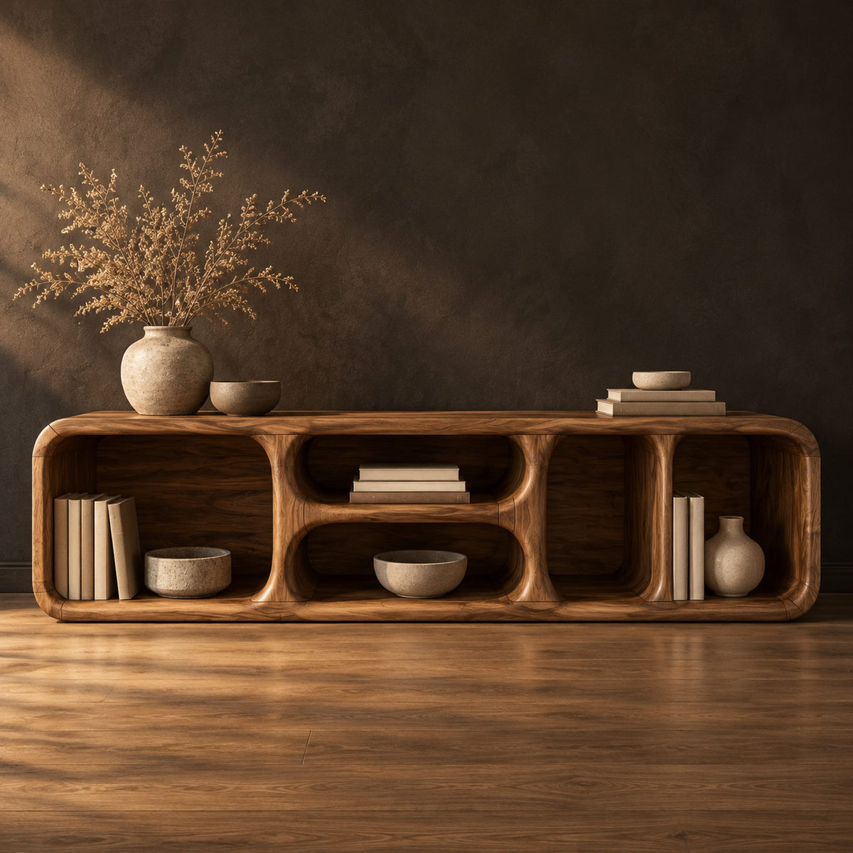 Low tv stand with soft edges and a stacked pair of oval cubbies in a dark studio against a charcoal plaster wall