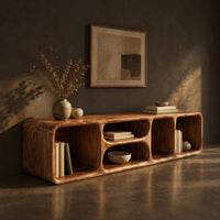 Low tv stand with soft edges and a stacked pair of oval cubbies, three-quarter view showing the grain