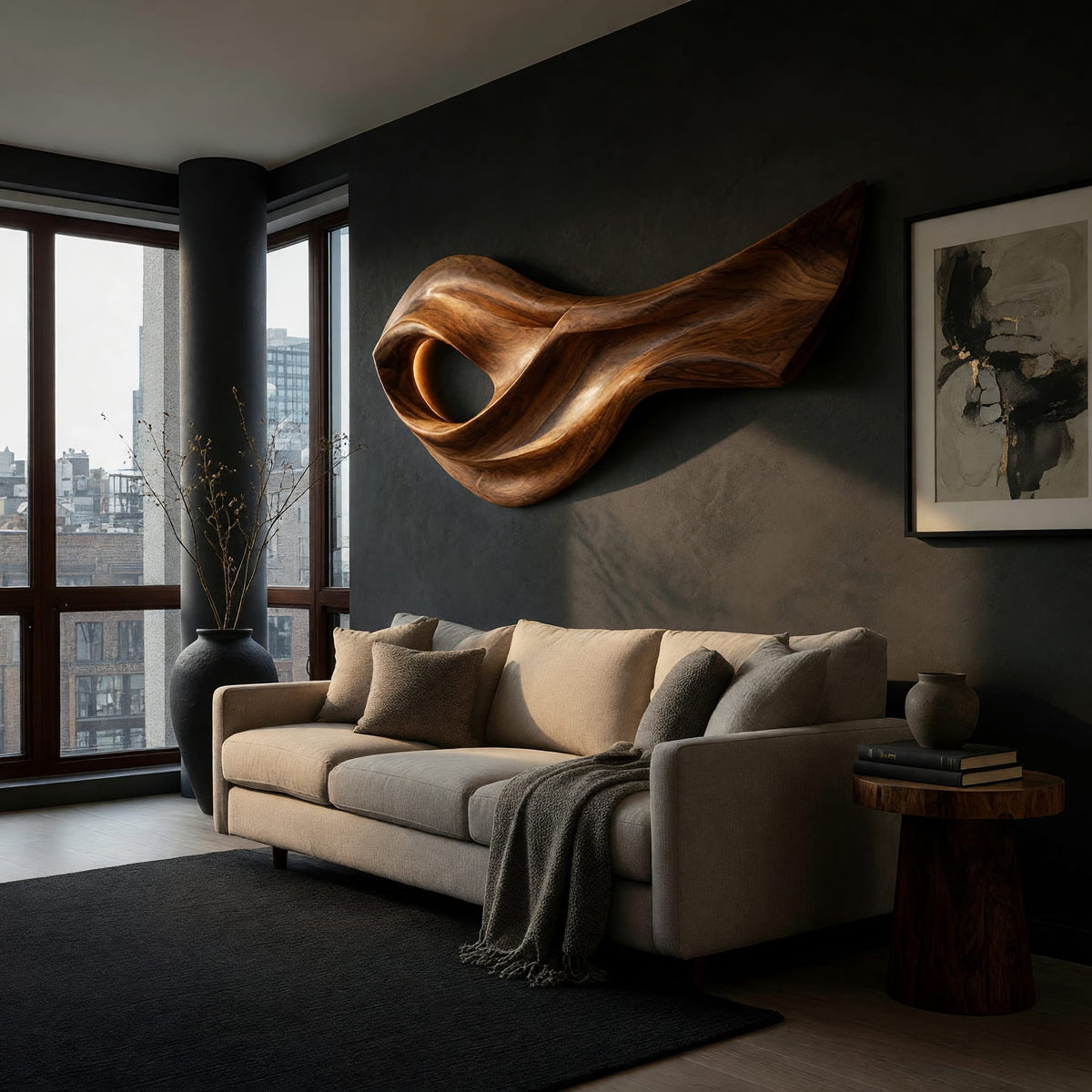 Open eye swoosh wooden wall sculpture on a dark charcoal plaster wall