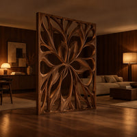 Room divider with a large open flower pattern of sweeping petals in an evening open-plan living room with walnut wall paneling