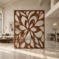 Room divider with a large open flower pattern of sweeping petals in a bright open plan open-plan living room