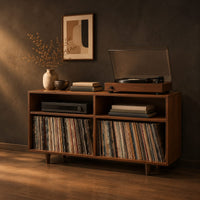 Open turntable stand with four square bays and short tapered legs, three-quarter view showing the grain