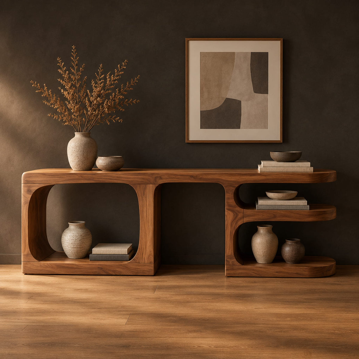 Open frame console table with a large left cubby and stacked end shelves in a dark studio against a charcoal plaster wall