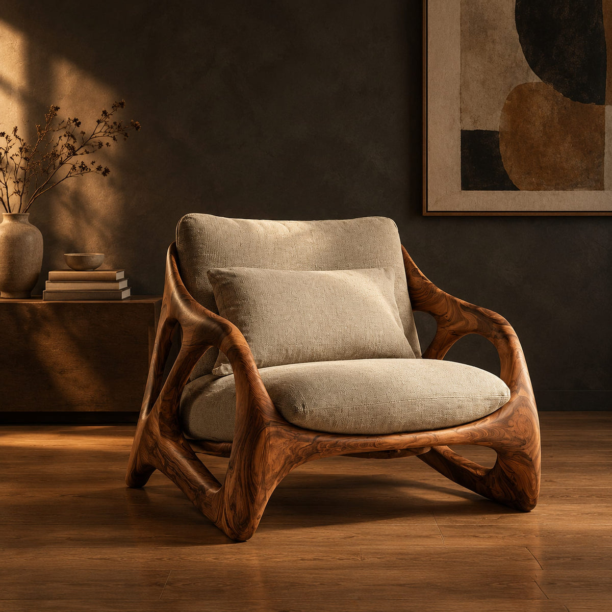 Open frame wooden lounge chair with thick sculpted loops and cream cushions in a dark studio against a charcoal plaster wall