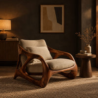 Open frame wooden lounge chair with thick sculpted loops and cream cushions in a dark living room at golden hour