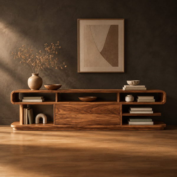Open Frame TV Stand With Wide Center Panel And Stacked Shelves