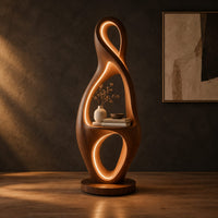 Tall floor lamp shaped as a looping figure eight with a small shelf in a dark studio against a charcoal plaster wall