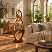 Tall floor lamp shaped as a looping figure eight with a small shelf in a bright living room with arched windows and plants