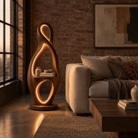 Tall floor lamp shaped as a looping figure eight with a small shelf in an industrial loft living room with exposed brick