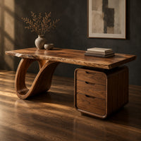 Desk with an open loop leg and a three drawer pedestal, three-quarter view showing the grain