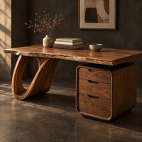 Corner detail of desk with an open loop leg and a three drawer pedestal beside wood, brass and linen samples