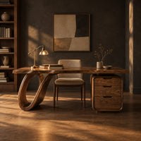 Desk with an open loop leg and a three drawer pedestal in a dark home office at golden hour