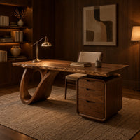 Desk with an open loop leg and a three drawer pedestal in an evening home office with walnut wall paneling