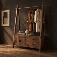 Open rail wardrobe with slanted side posts and a low cabinet base, three-quarter view showing the grain