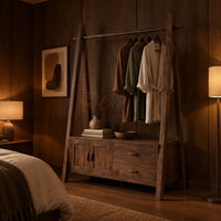 Open rail wardrobe with slanted side posts and a low cabinet base in an evening bedroom with walnut wall paneling