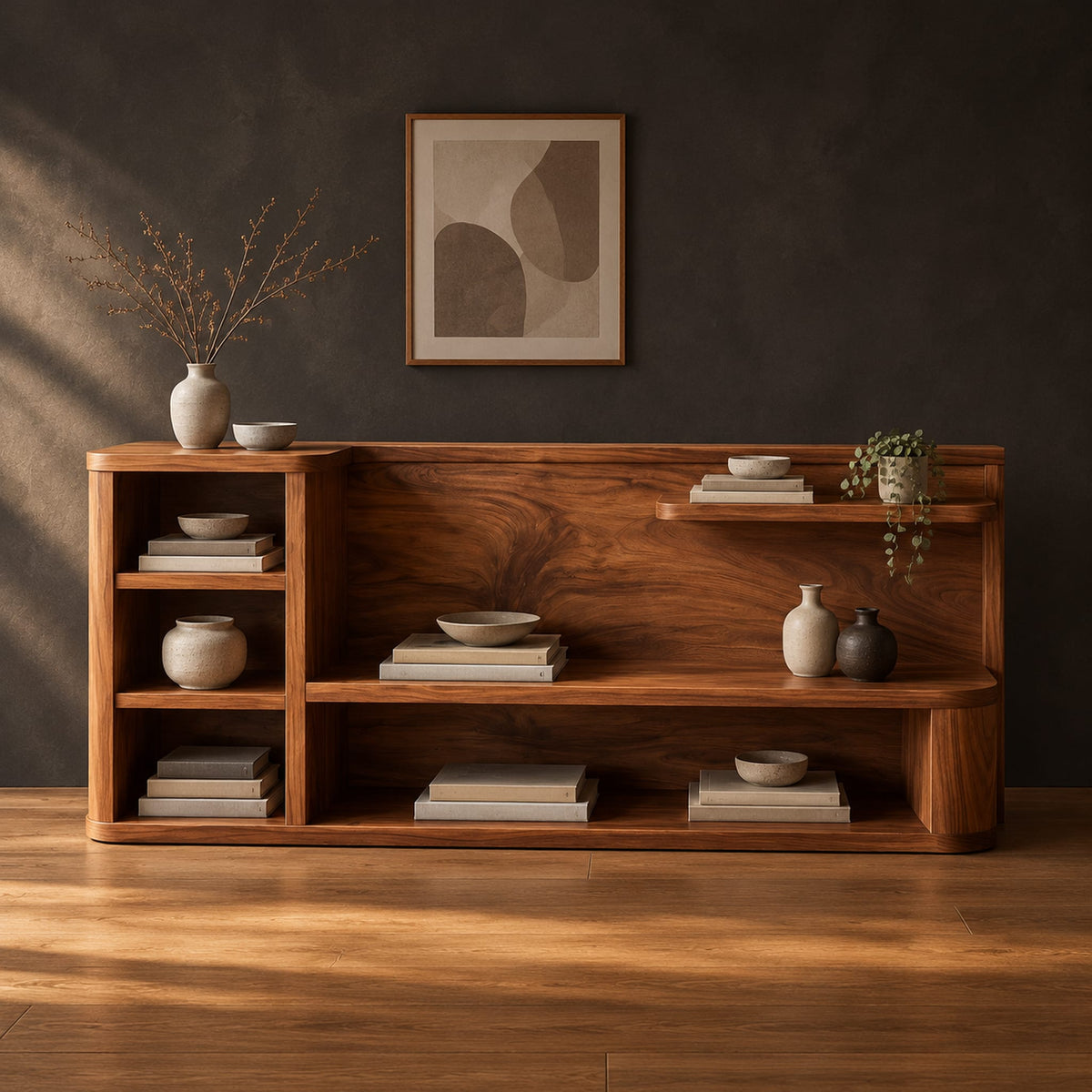 Open shelf console table with a grain back panel and a side cubby stack in a dark studio against a charcoal plaster wall