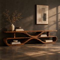 Corner detail of low tv stand with open shelves in a pinched loop frame beside wood, brass and linen samples