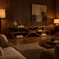Low tv stand with open shelves in a pinched loop frame in an evening living room with walnut wall paneling
