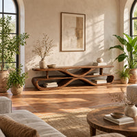 Low tv stand with open shelves in a pinched loop frame in a bright living room with arched windows and plants