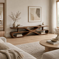 Low tv stand with open shelves in a pinched loop frame in a Scandinavian living room with white walls