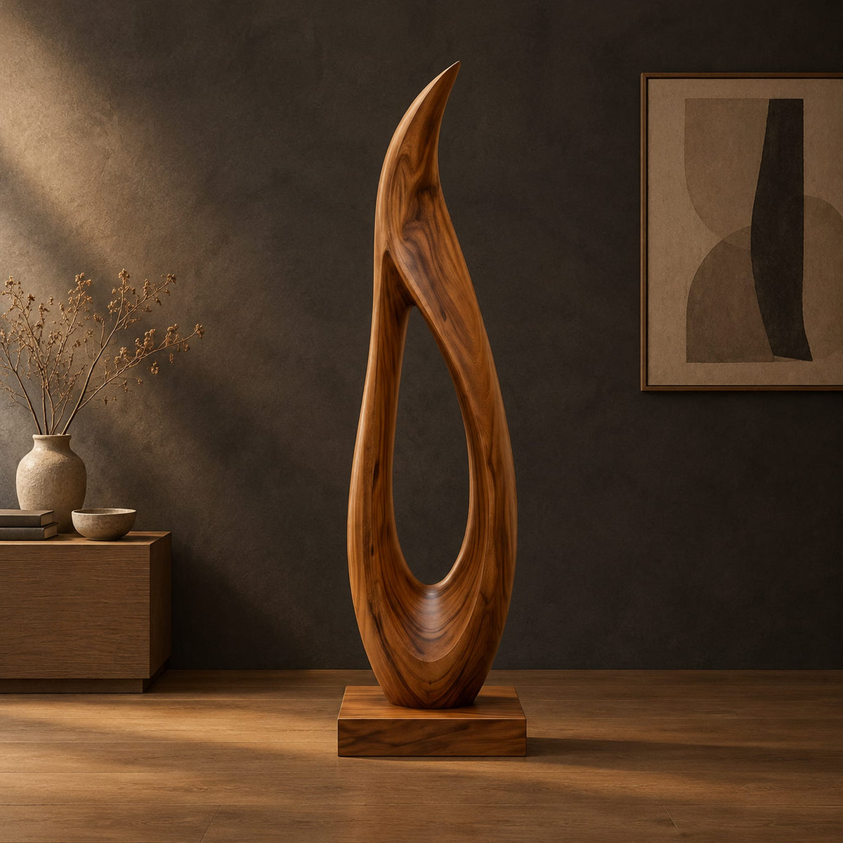 Tall teardrop sculpture with an open center and a pointed tip in a dark studio against a charcoal plaster wall