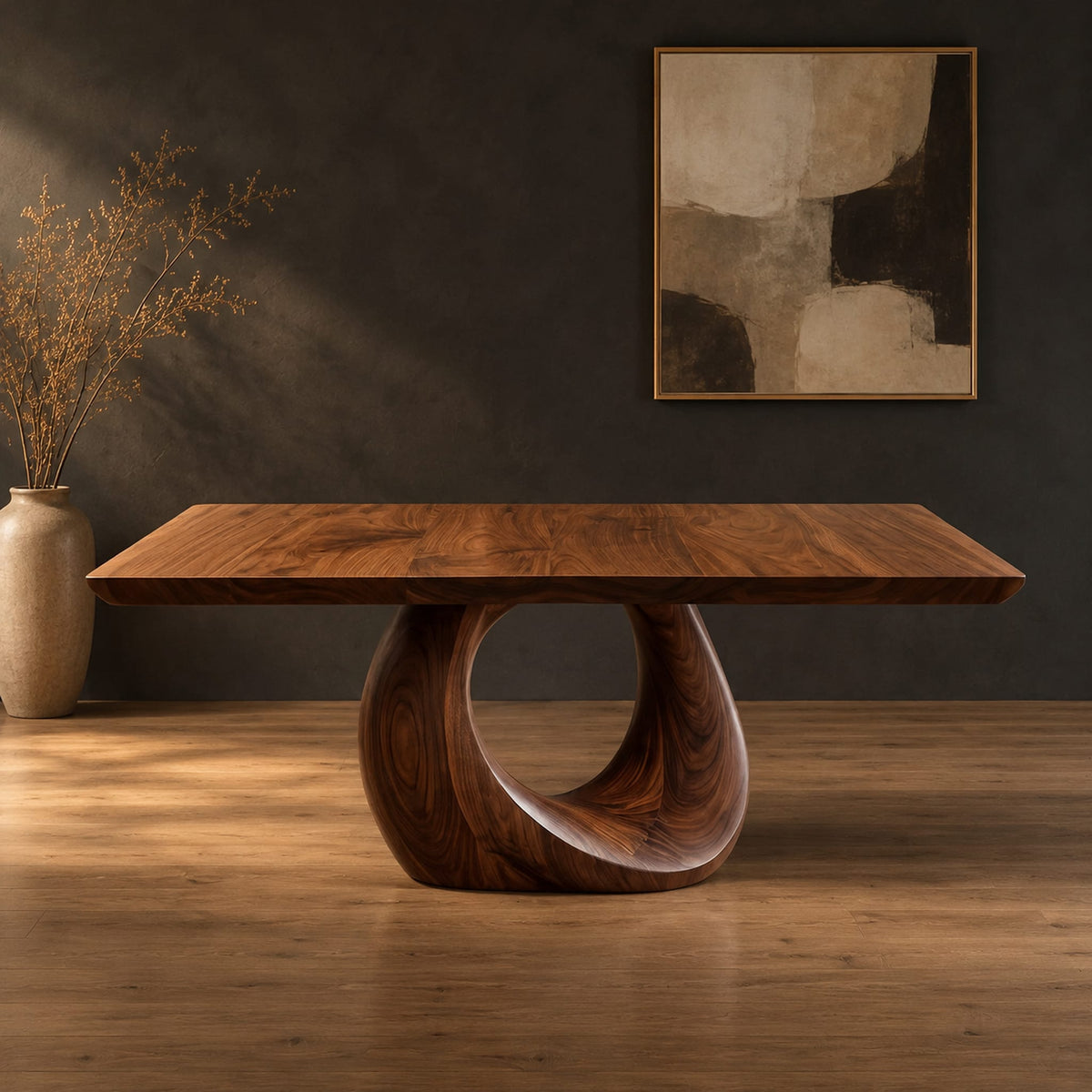 Dining table with a slab top and an open teardrop pedestal in a dark studio against a charcoal plaster wall