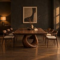 Dining table with a slab top and an open teardrop pedestal in a dark dining room at golden hour