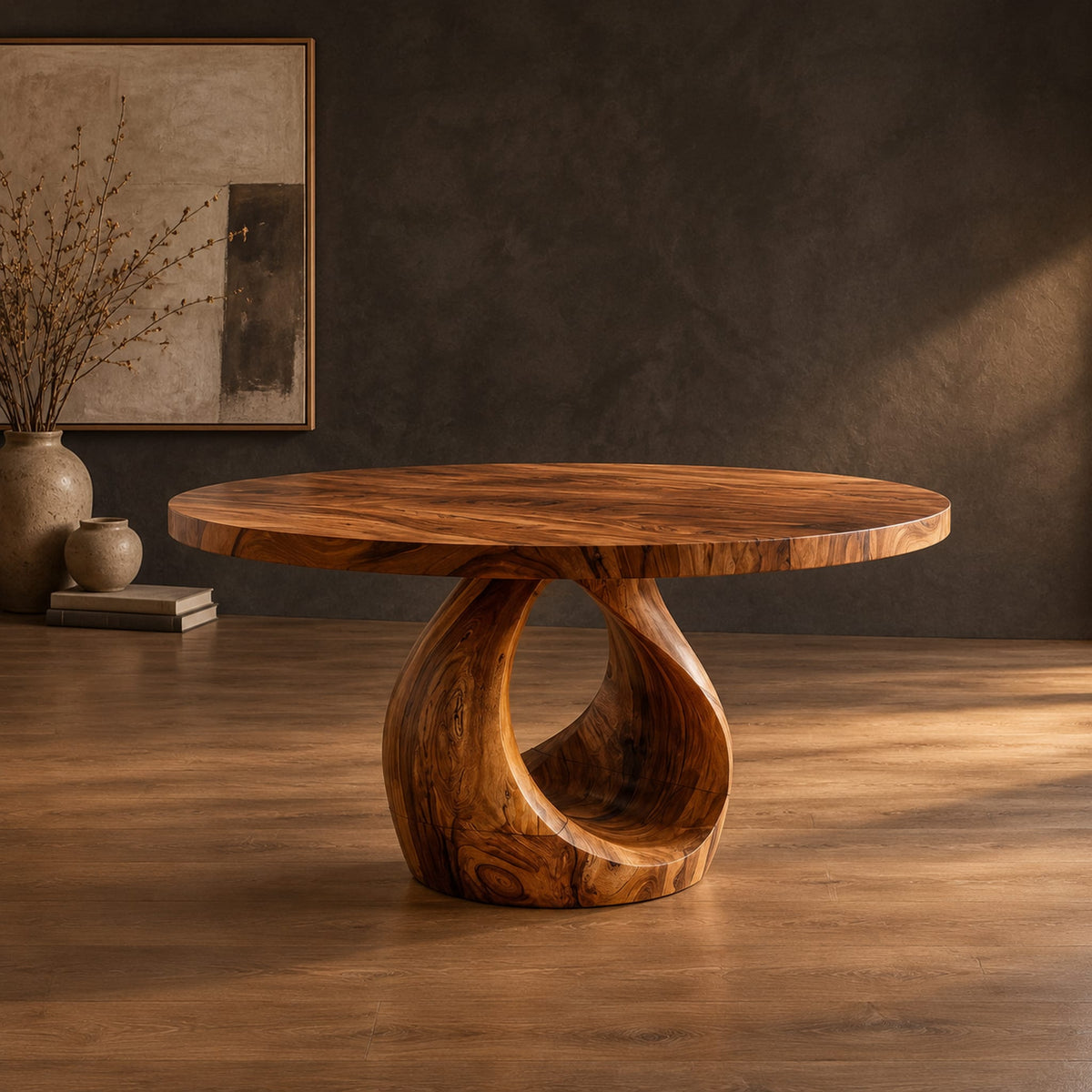 Round dining table with an open teardrop loop pedestal base in a dark studio against a charcoal plaster wall