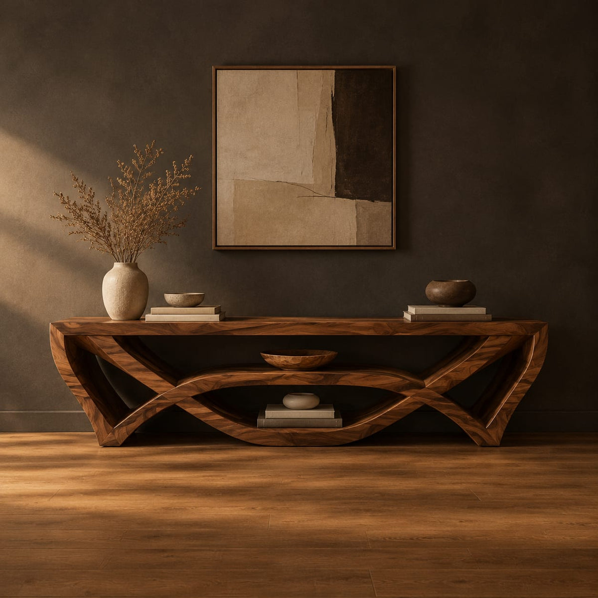 Open tv stand with crossing curved bands and a lower shelf in a dark studio against a charcoal plaster wall