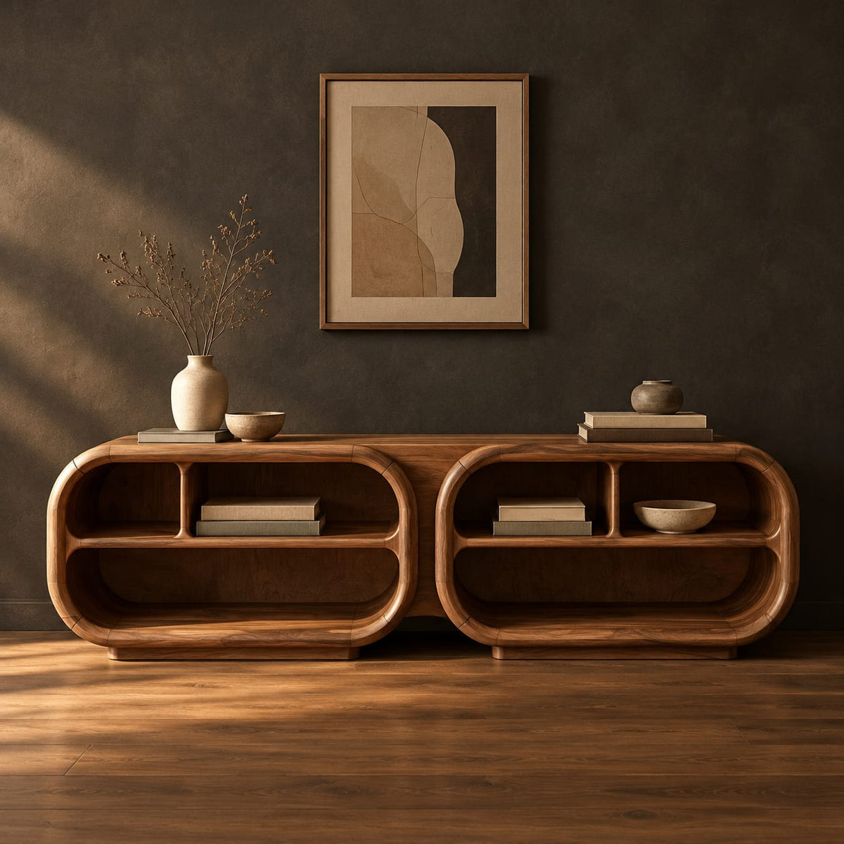 Open tv stand with two rounded capsule frames and shelves in a dark studio against a charcoal plaster wall