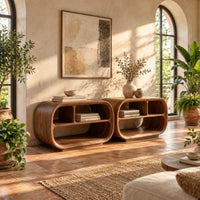 Open tv stand with two rounded capsule frames and shelves in a bright living room with arched windows and plants